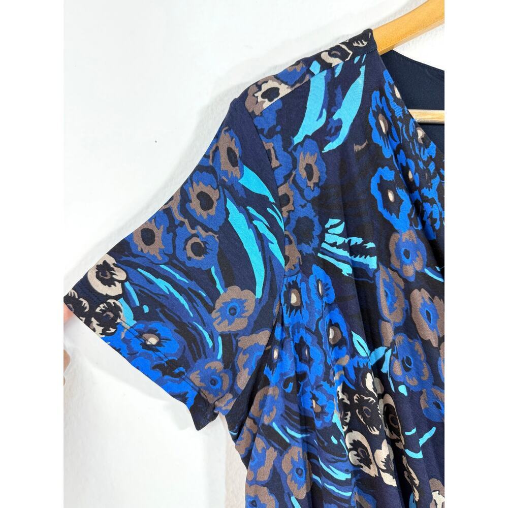 BOSS Hugo Boss Blue Multicolor Floral Midi Wrap Dress V-Neck Short Sleeve Sz M - Picture 9 of 11